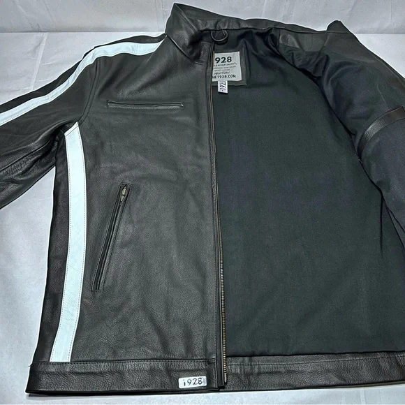 *CUSTOM* Mens Black Cafe Racer Leather Jacket With White Stripes Size L - Picture 6 of 15